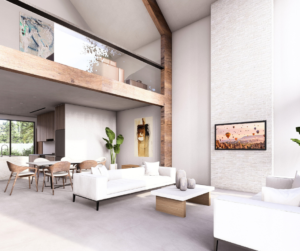 Open-plan living room with white sofas and a mezzanine balcony framed by wooden beams, airy and bright.